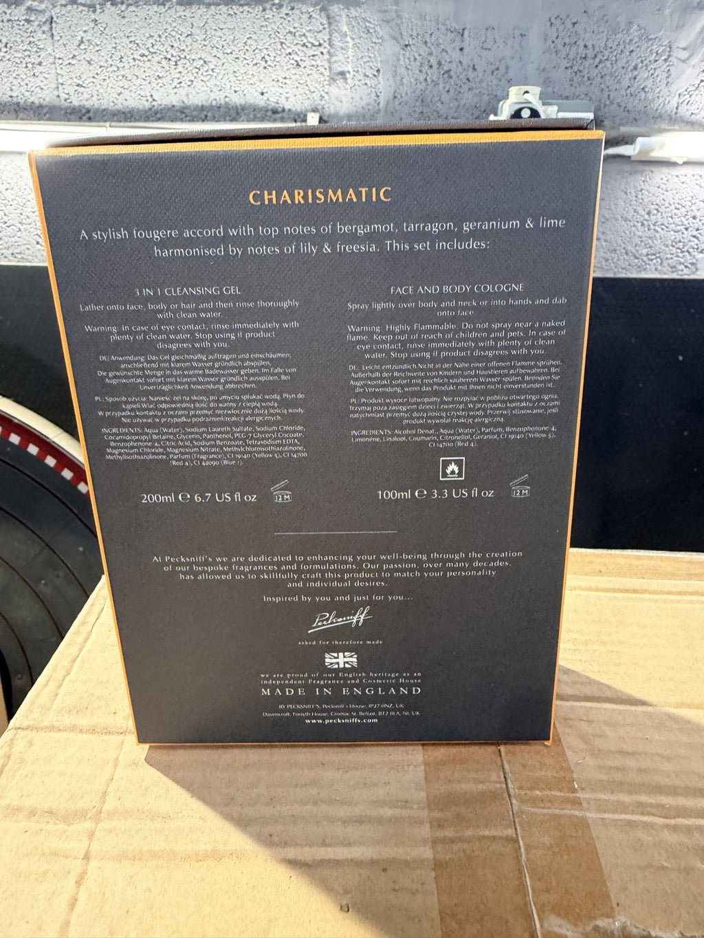 Back of box showing fragrance notes, contents and ingredients – real photo of stock