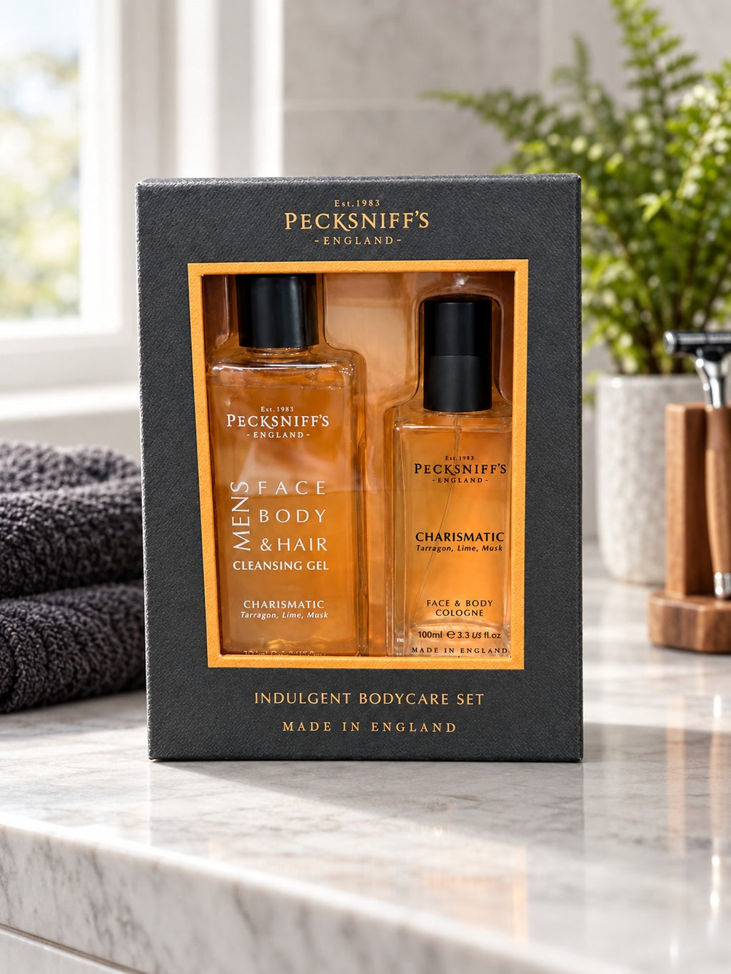 Charismatic bodycare set on a bathroom shelf (styled image)