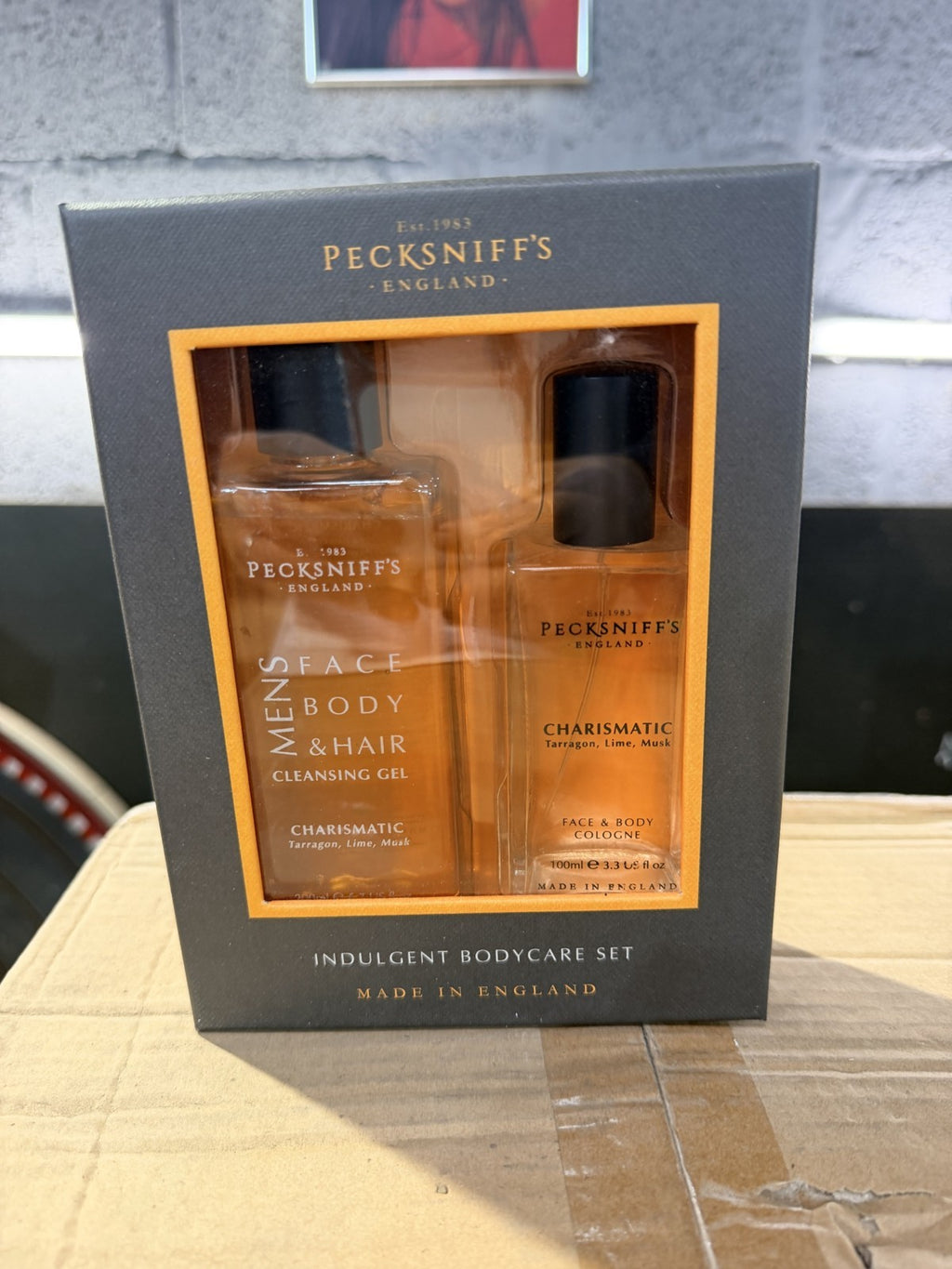 Pecksniff's Men's Charismatic Indulgent Bodycare Set, front of box – real photo of stock