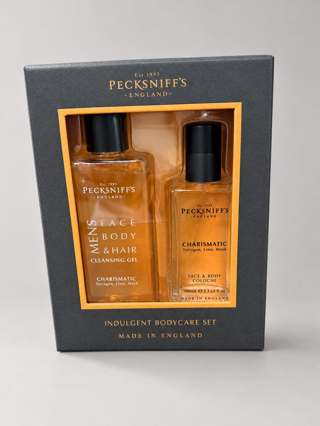 Pecksniff's Men's Charismatic Indulgent Bodycare Set – closed box, studio photo