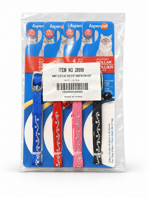 Aspen Pet rhinestone cat collars, sealed 4-pack in blue, red, pink and black, on a studio background