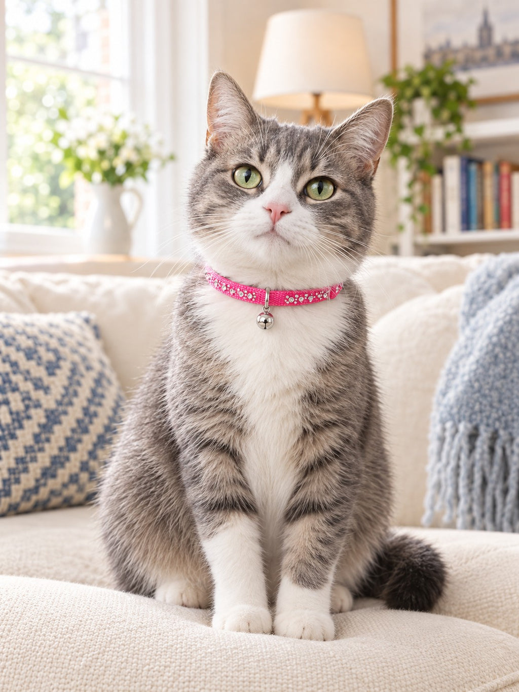 Cat wearing a pink rhinestone collar with bell at home (illustrative scene)