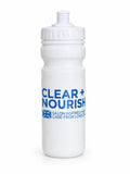 White 500ml sports water bottle with push-pull cap, Clear + Nourish print, studio photo
