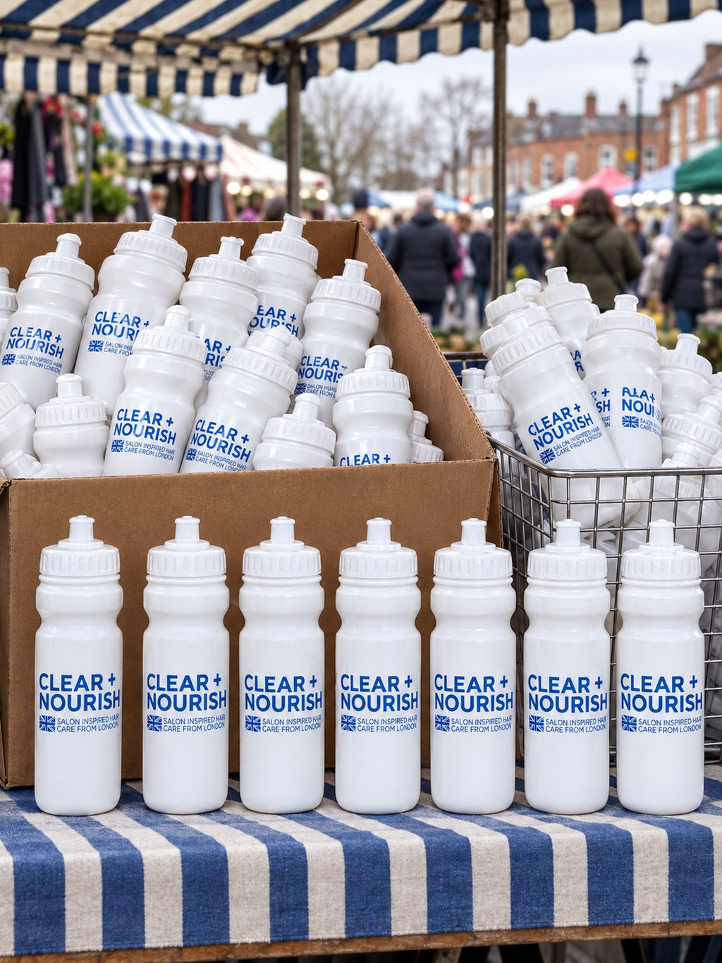 Bottles displayed for sale on a market stall