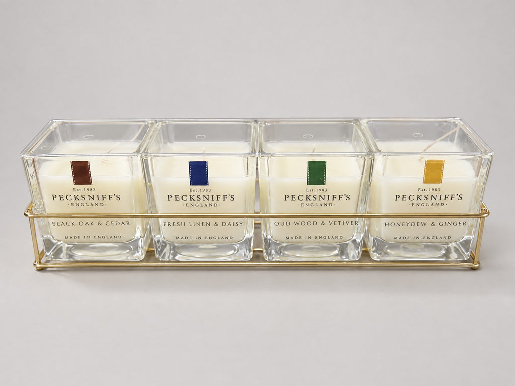 Pecksniff's Prestige four-candle gift set in gold caddy – studio photo