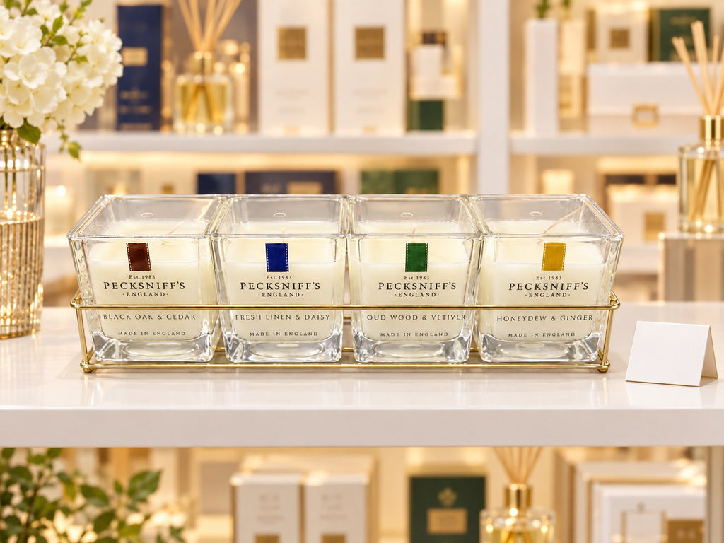 Four-candle caddy set on a gift-shop shelf (styled image)