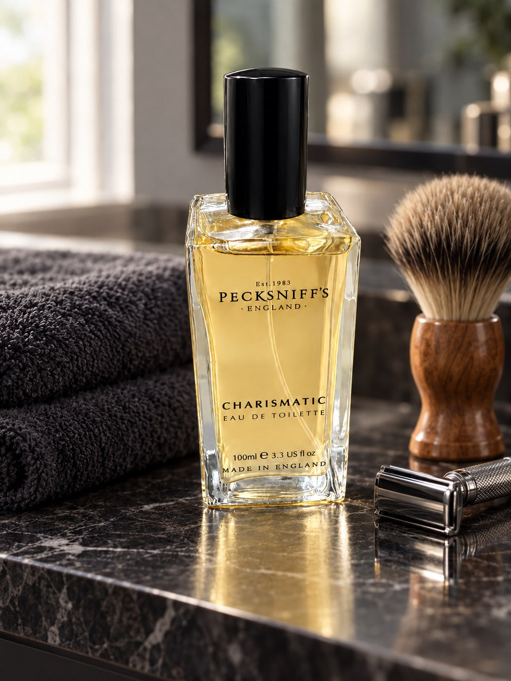 Charismatic EDT on a bathroom shelf (styled image)