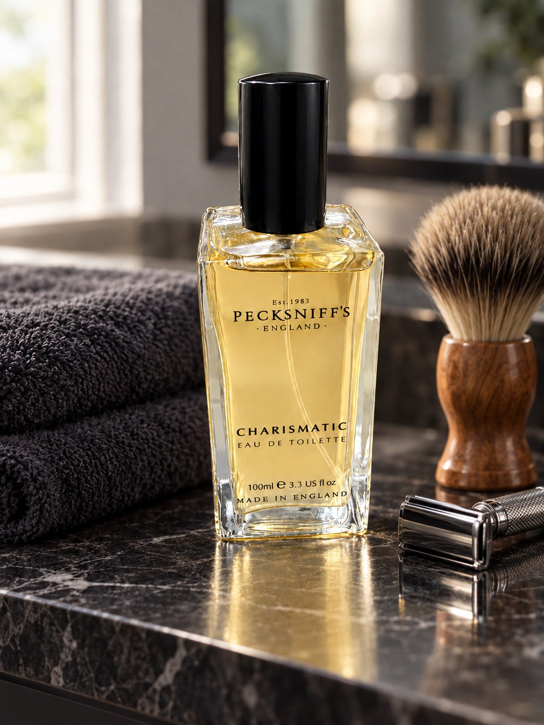 Charismatic EDT on a bathroom shelf (styled image)
