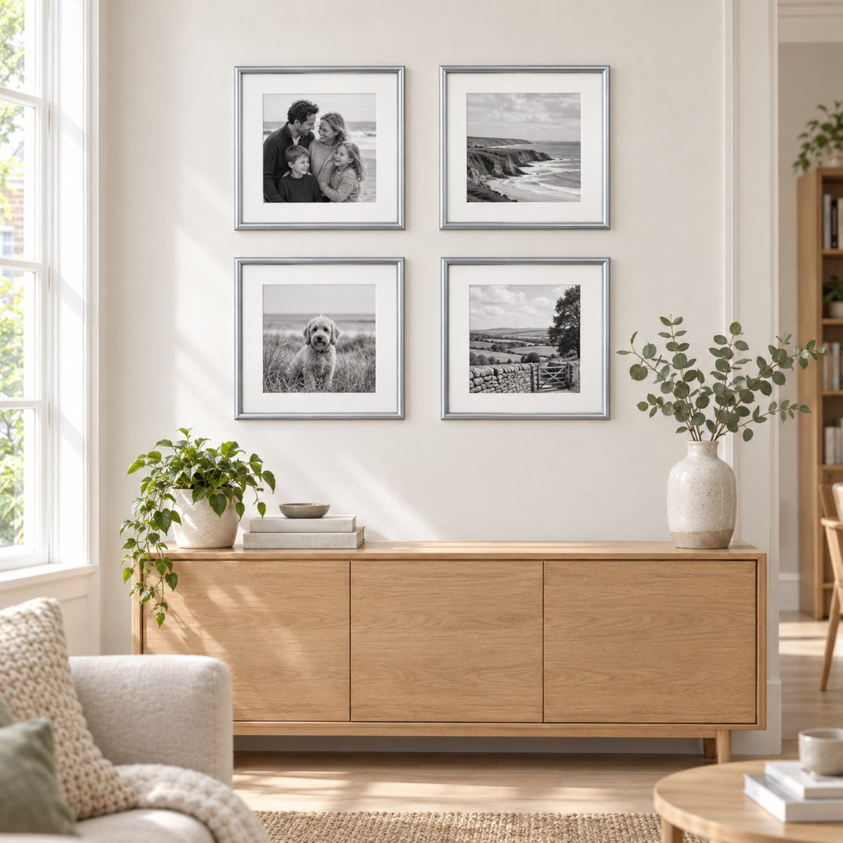 Four steel DÖRR square frames hung as a gallery wall above a sideboard