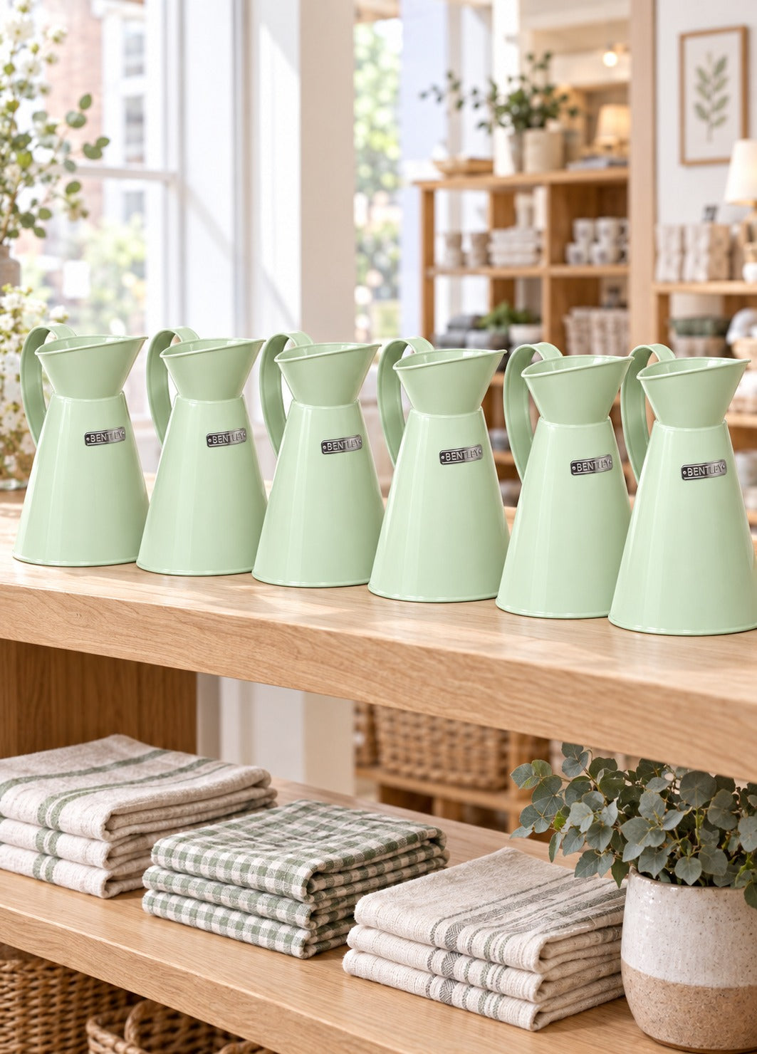 Six Charles Bentley heritage jugs on a gift-shop shelf