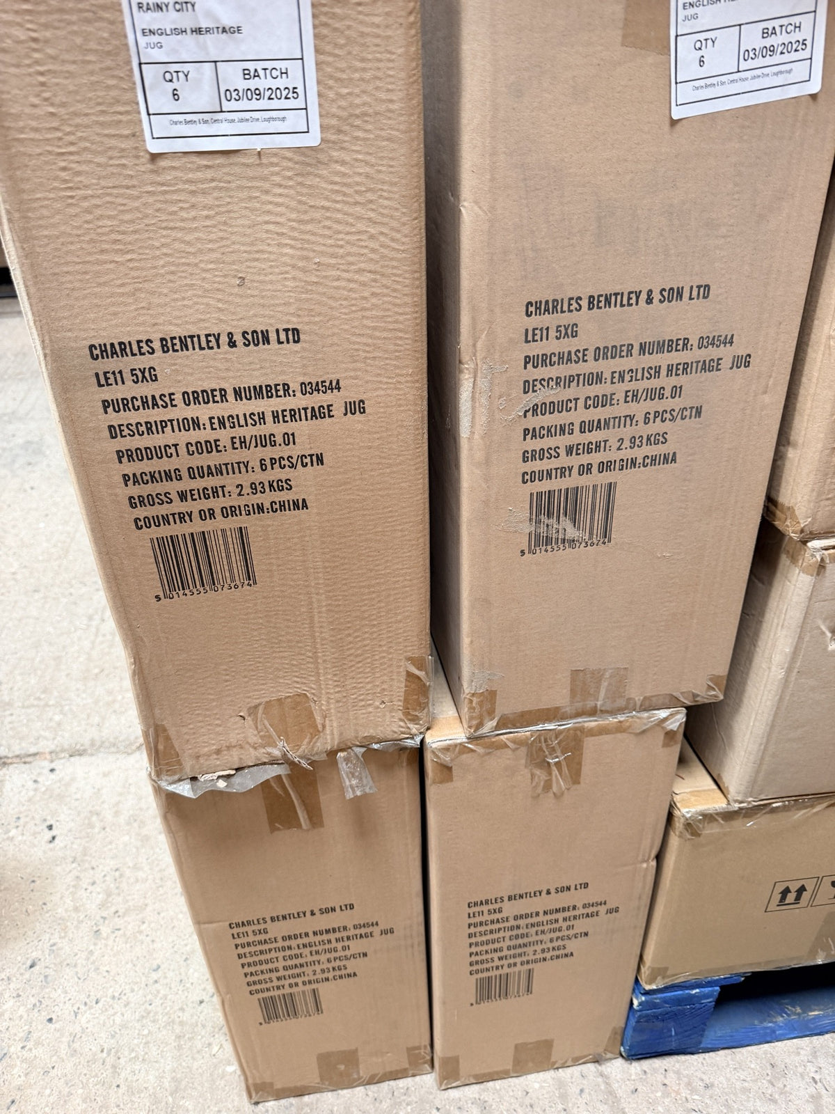 Sealed Charles Bentley cartons of 6 English Heritage jugs