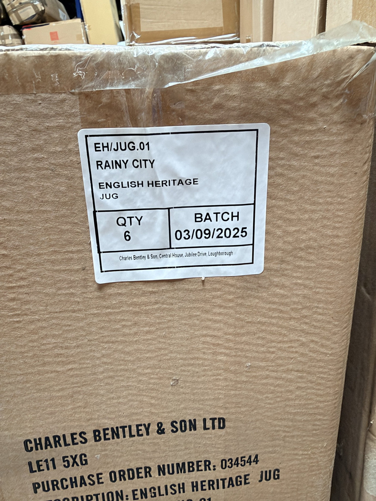 Carton label: EH/JUG.01 Rainy City English Heritage Jug, qty 6