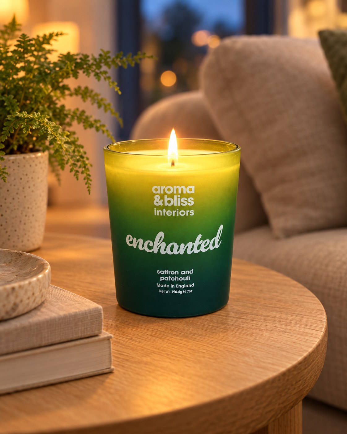 Enchanted candle lit on a living-room side table (styled image)