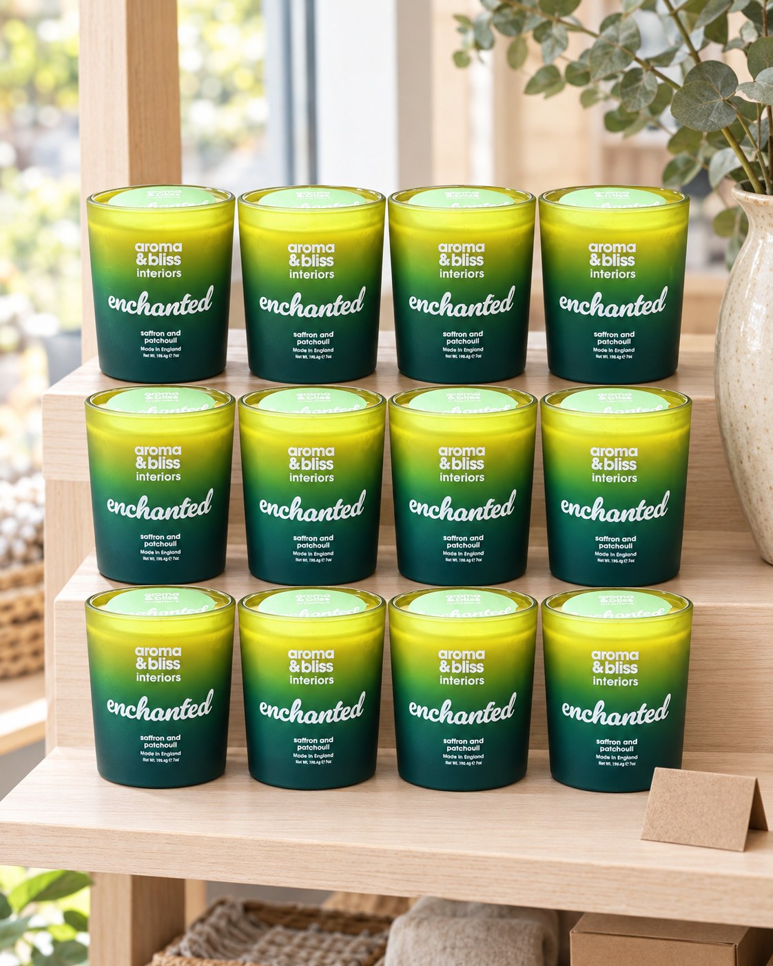 Twelve Enchanted candles on a gift-shop shelf (styled image)