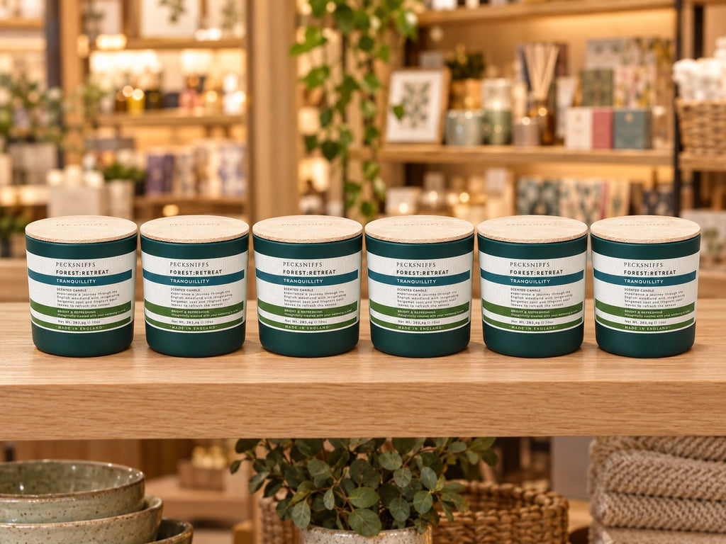 Six Tranquillity candles on a gift-shop shelf (styled image)