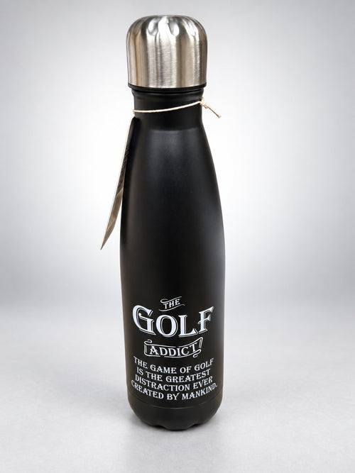 The Golf Addict black stainless steel 500ml water bottle by Arora Design, studio photo