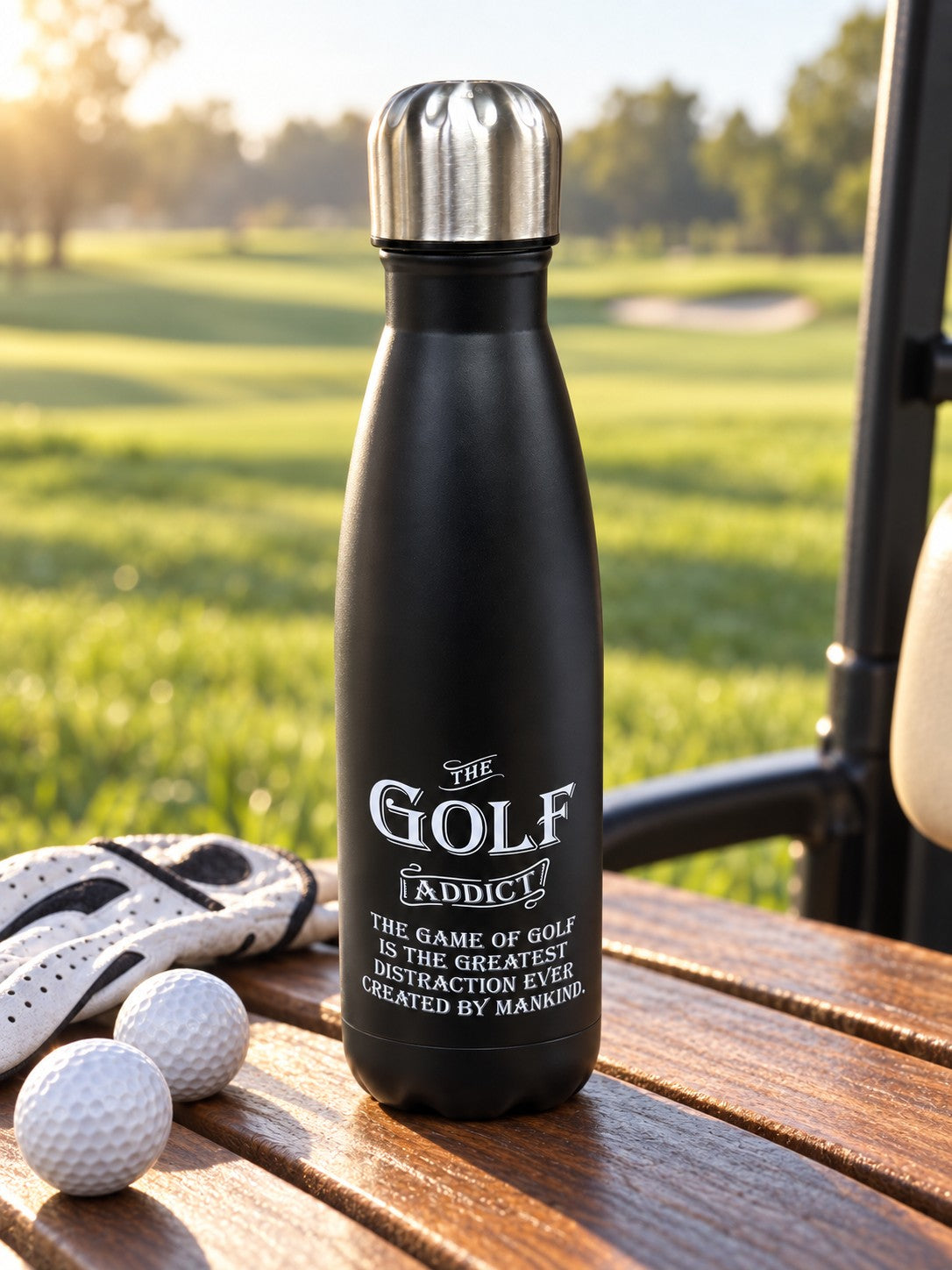 Golf Addict bottle on the course, illustrative scene