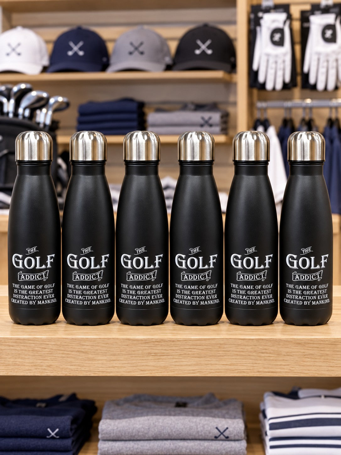 Golf Addict bottles on a pro-shop shelf, illustrative scene