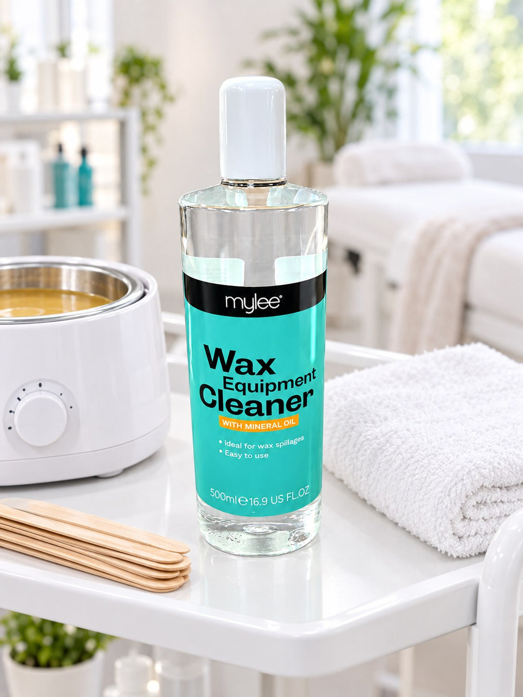 Mylee Wax Equipment Cleaner on a salon trolley (styled image)