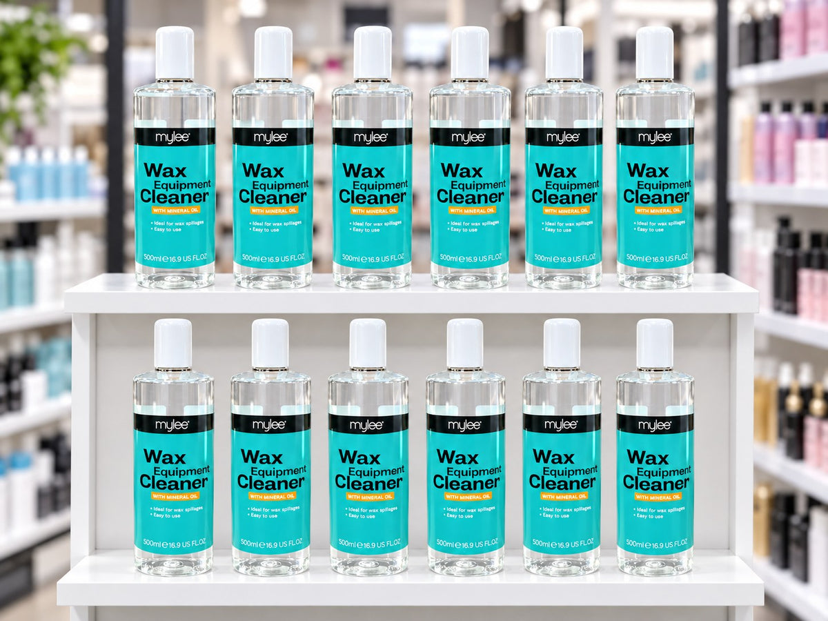 Twelve Mylee Wax Equipment Cleaner bottles on a beauty-supply shelf (styled image)