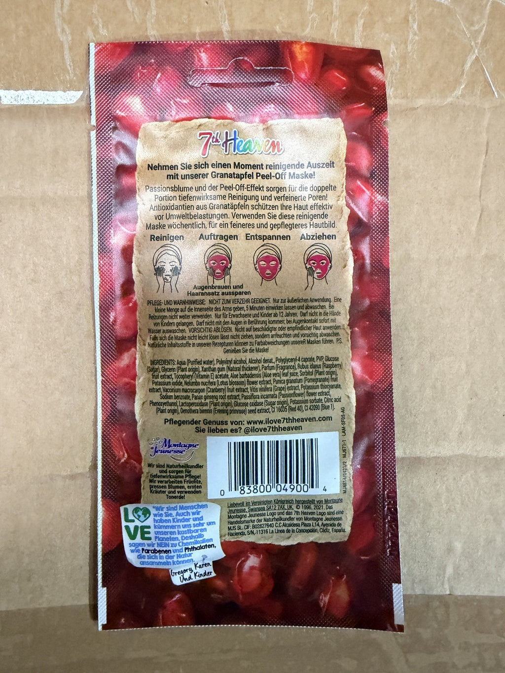 7th Heaven Pomegranate Peel-Off Mask sachet – actual stock, back with ingredients