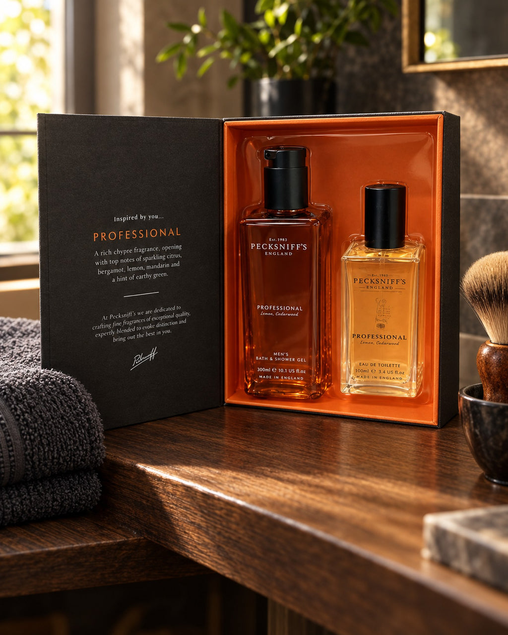 Professional gift set open on a bathroom shelf (styled image)