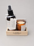 Pecksniff's Aroma:Therapy Re-Covery room spray and candle gift set in wooden crate – studio photo