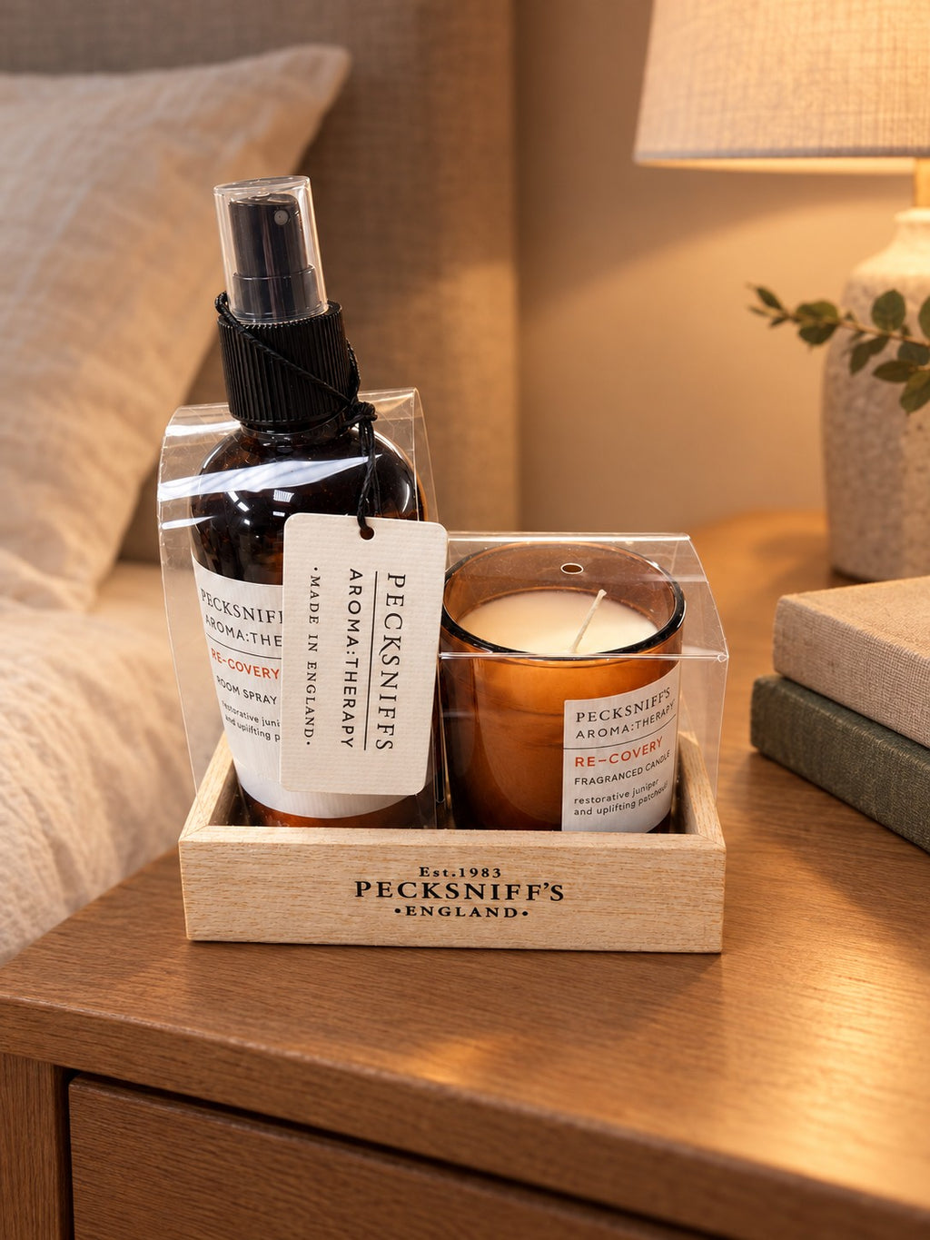 Re-Covery gift set on a bedside table (styled image)