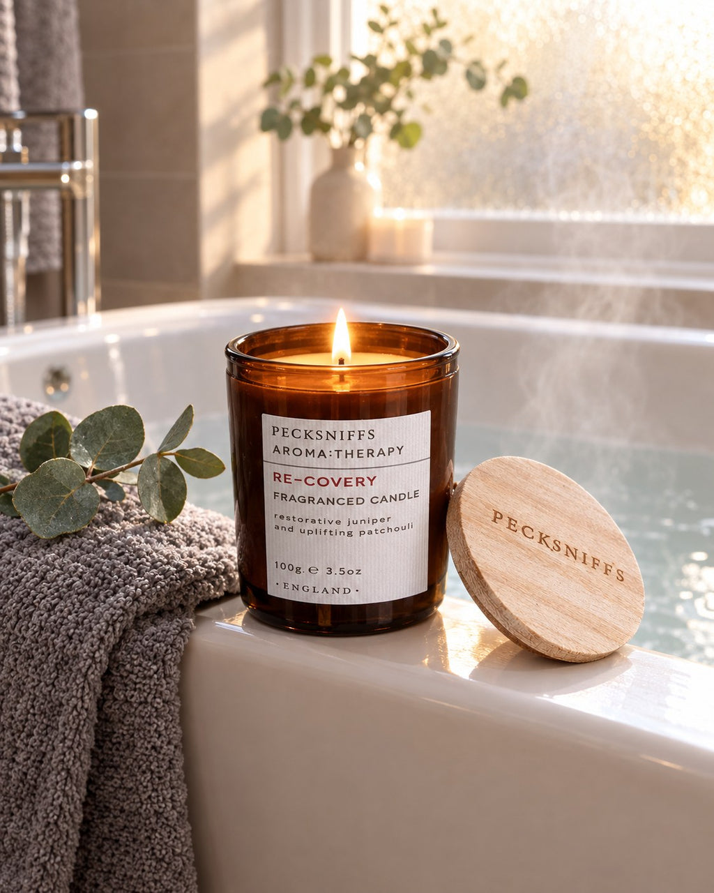 Re-Covery candle lit on the edge of a bath (styled image)