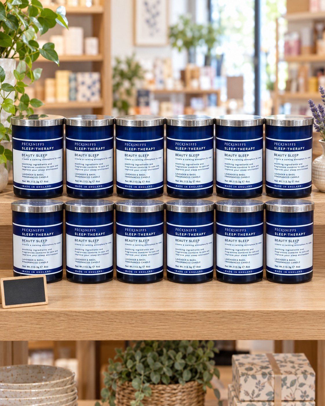 Twelve Beauty Sleep candles displayed on a gift-shop shelf (styled image)