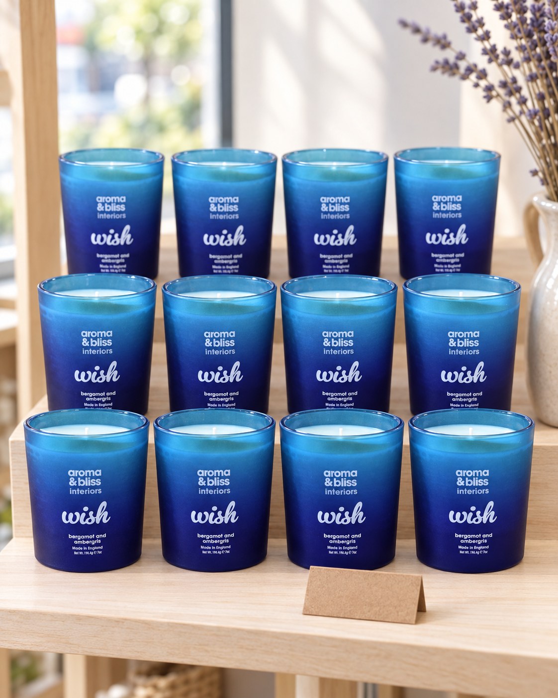 Twelve Wish candles on a gift-shop shelf (styled image)