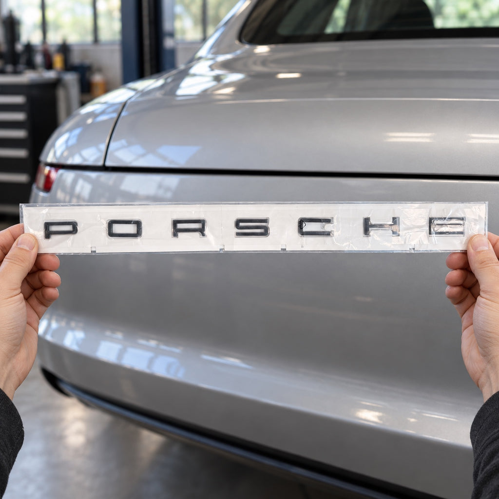 Black aftermarket Porsche seven-letter badge set in packaging
