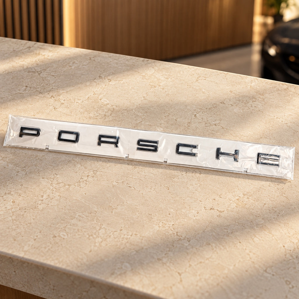 Black aftermarket Porsche seven-letter badge set in packaging