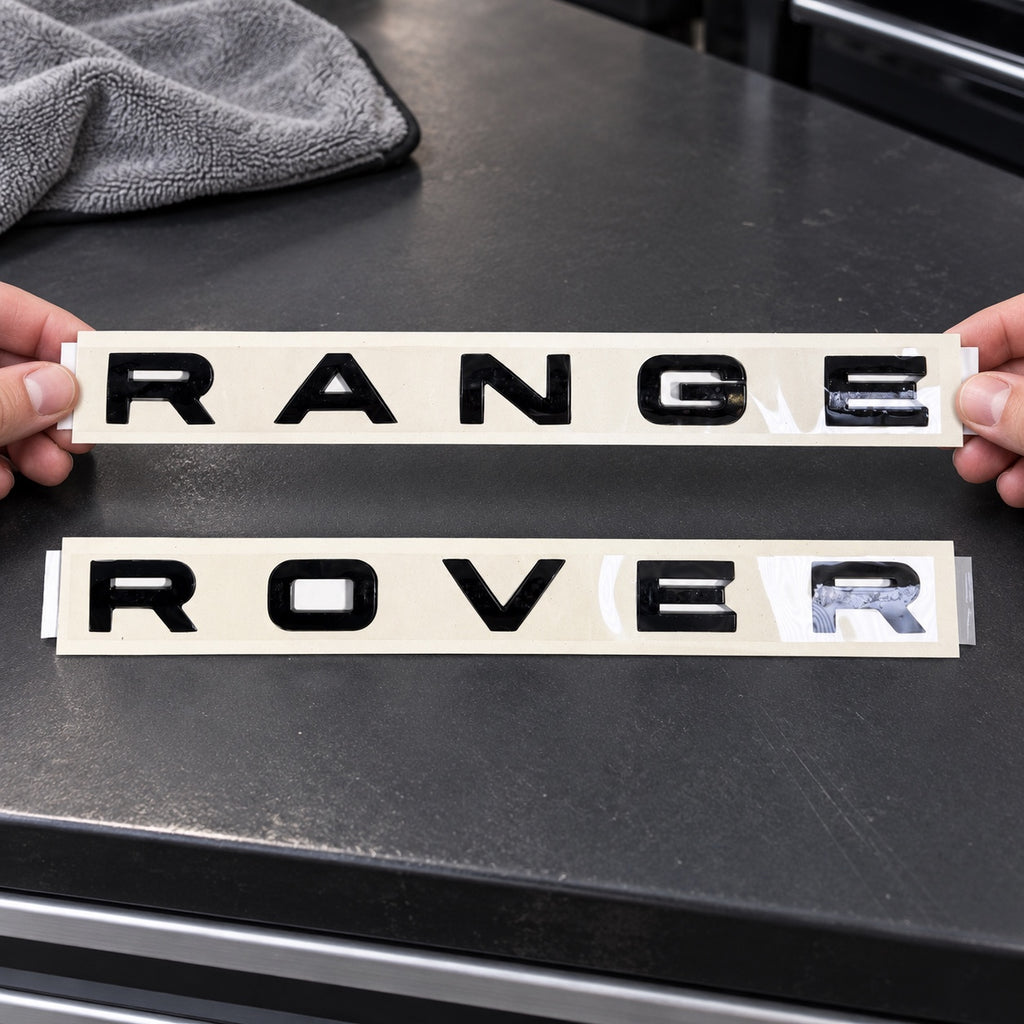 Gloss black aftermarket Range Rover lettering set on fitting stencil