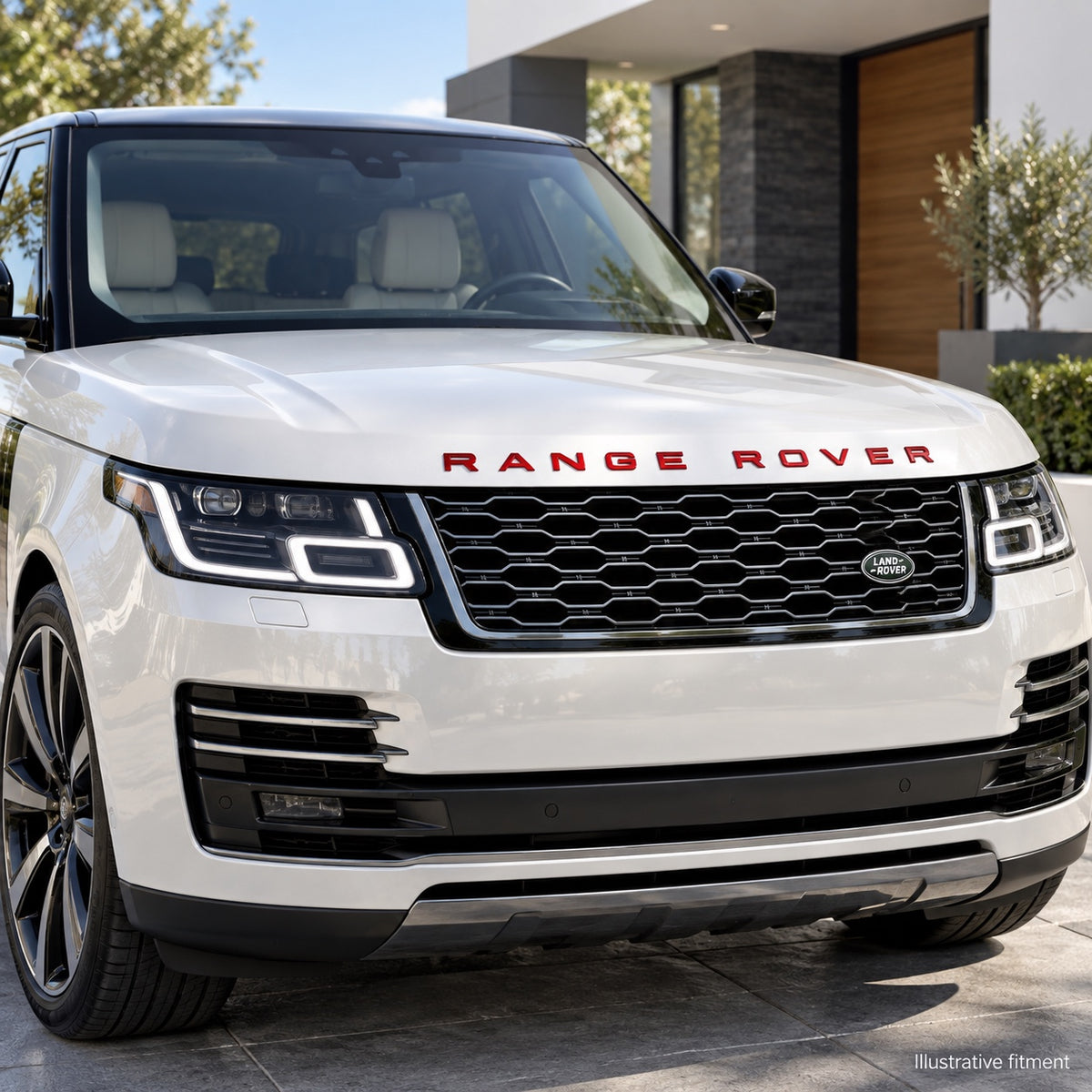 Illustrative front fitment of red Range Rover lettering