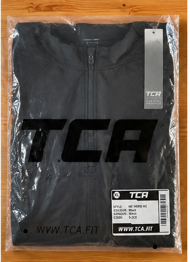TCA Men's MF Hero Half-Zip Top – Black – XL – garment and label photographs
