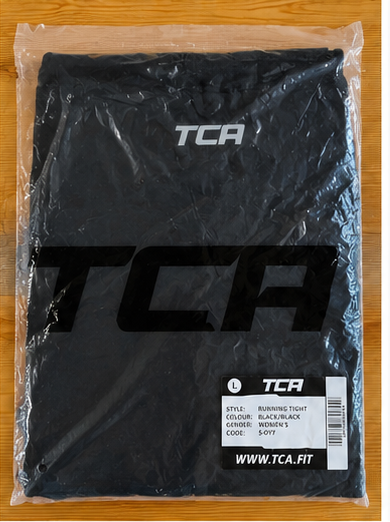 TCA Women's Running Tights – Black – L – garment and label photographs