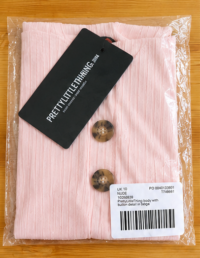 PrettyLittleThing Button-Detail Bodysuit – Pink – UK 10 – garment and label photographs