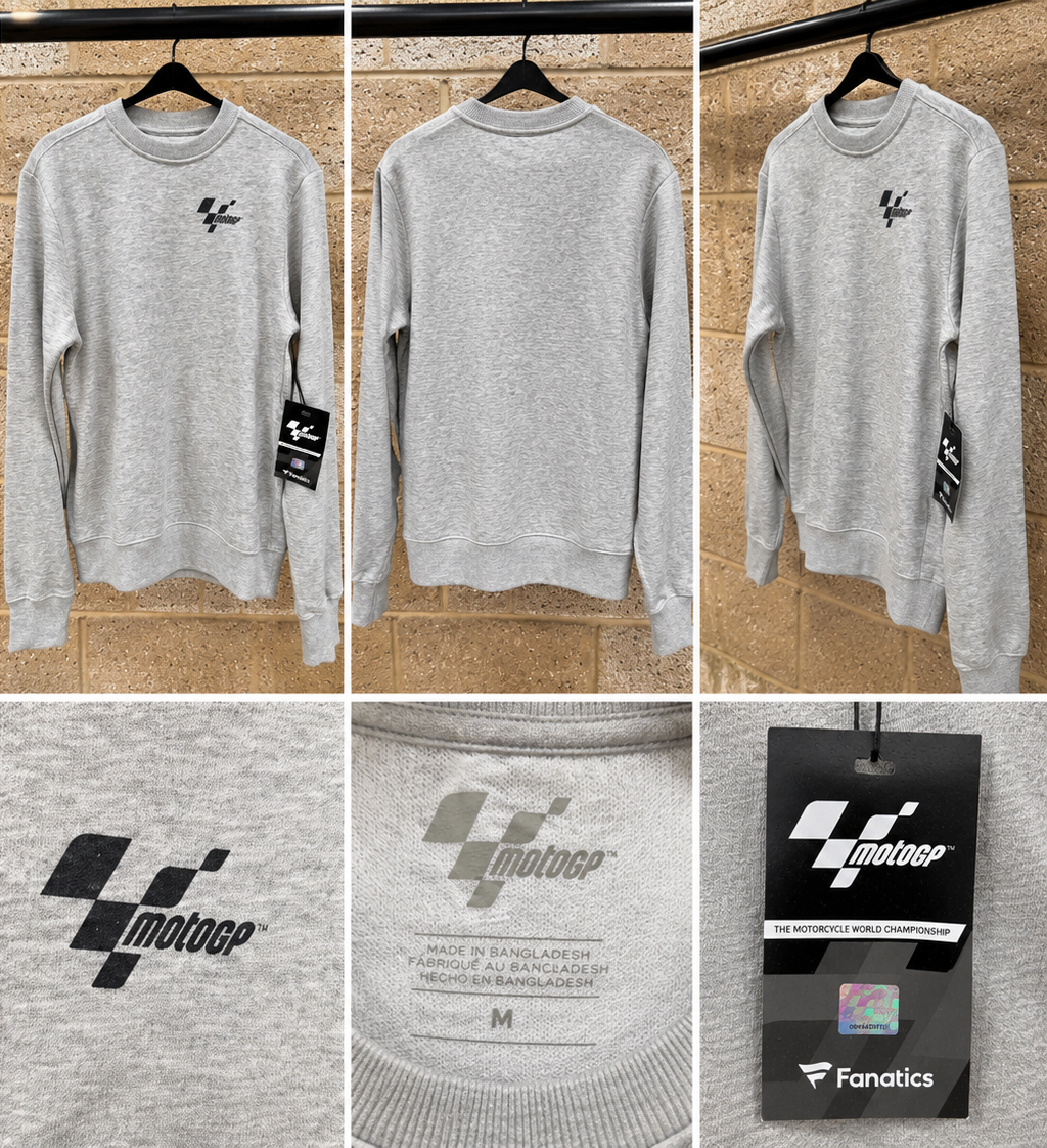 MotoGP Fanatics grey crew-neck sweatshirt, size M, front, back and label details