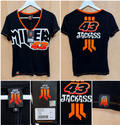 Jack Miller 43 women's black and orange V-neck T-shirt, size S, front, back and original tags