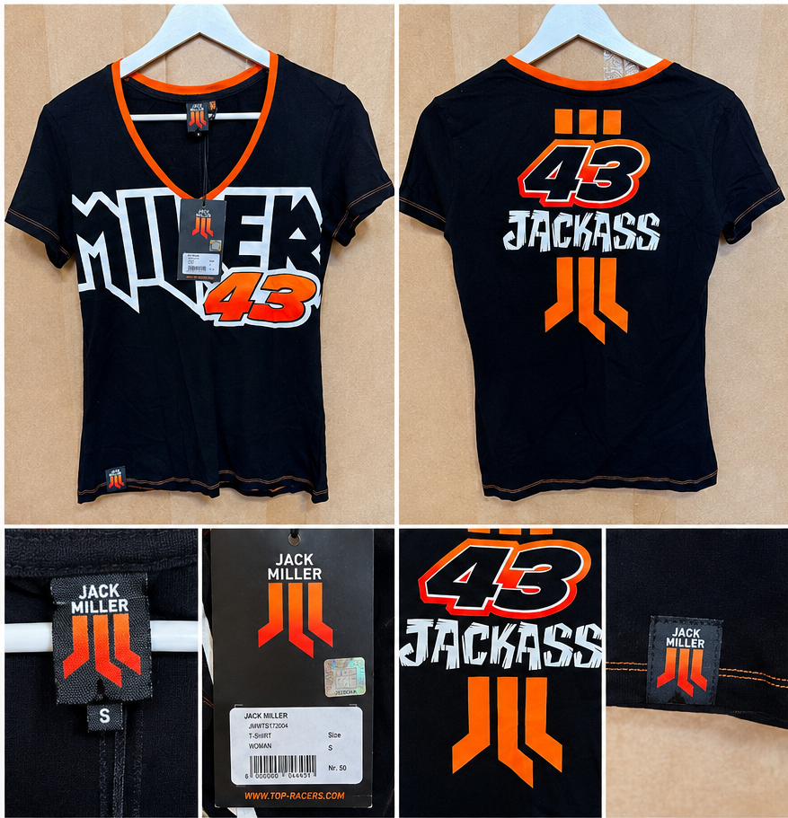 Jack Miller 43 women's black and orange V-neck T-shirt, size S, front, back and original tags