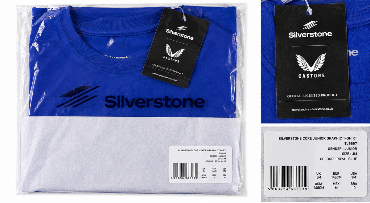 Castore Silverstone Junior T-Shirt – Royal Blue – 146cm – garment and label photographs