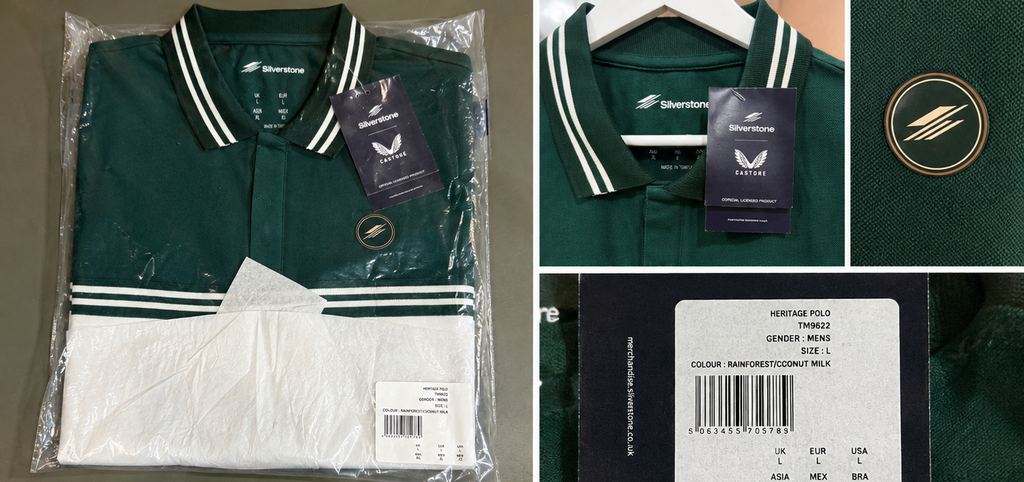 Castore Silverstone Heritage Polo – Green/Cream – L – garment and label photographs