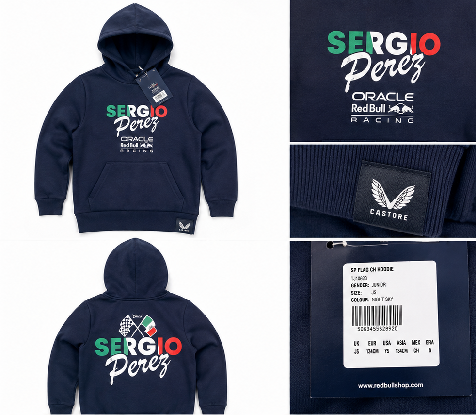 Castore Sergio Pérez Junior Hoodie – Navy – 134cm – garment and label photographs