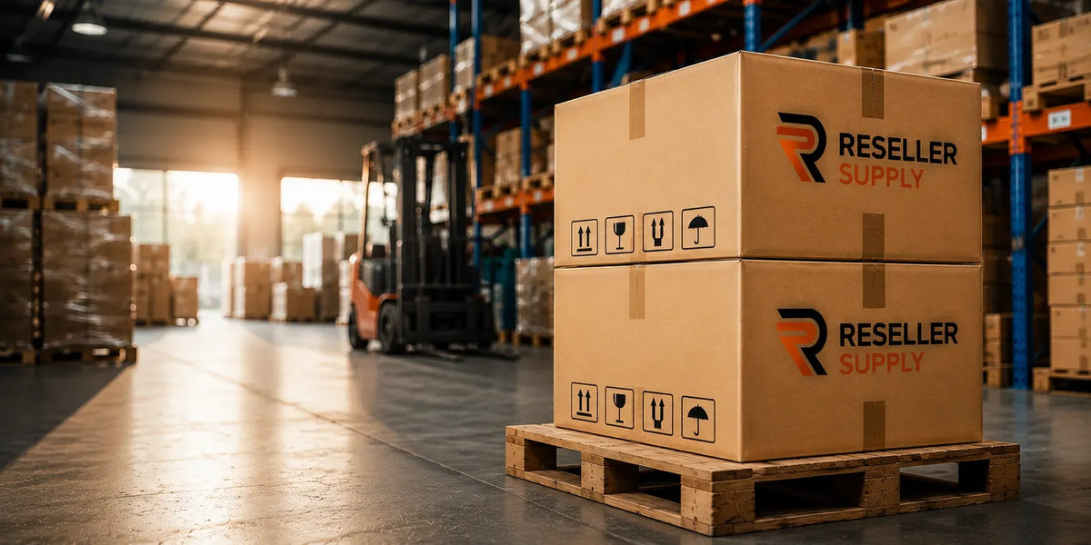 Reseller Supply warehouse illustration with branded cartons on a pallet