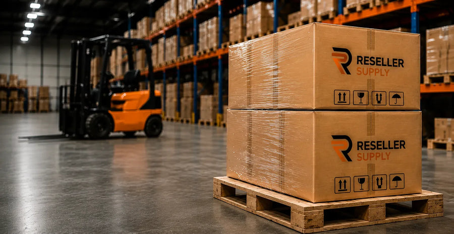 Reseller Supply cartons on a warehouse pallet