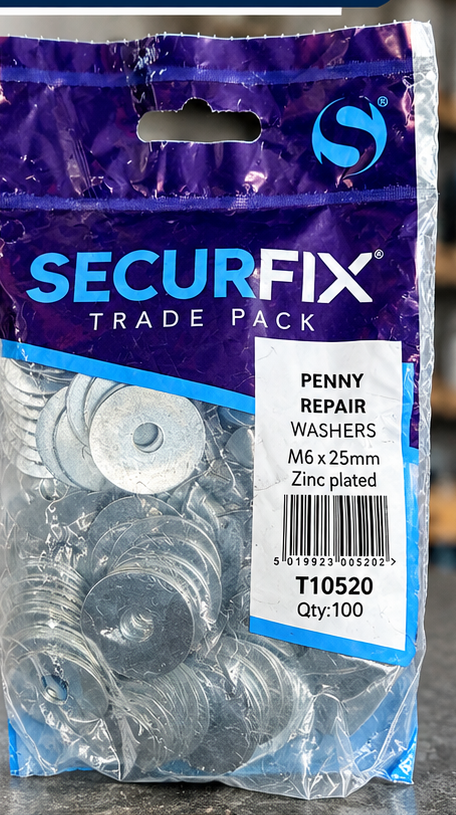 Securfix T10520 Penny Washers – M6 × 25mm, Pack of 100