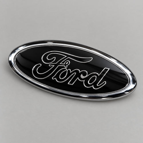 Black and chrome-effect oval badge for Ford – studio photo