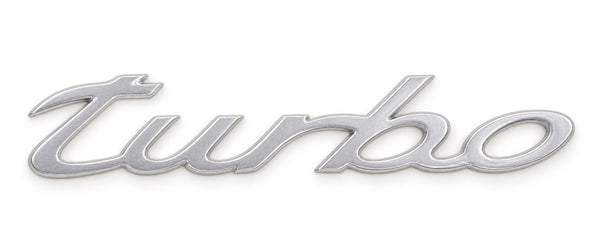 Silver-coloured aftermarket turbo script badge